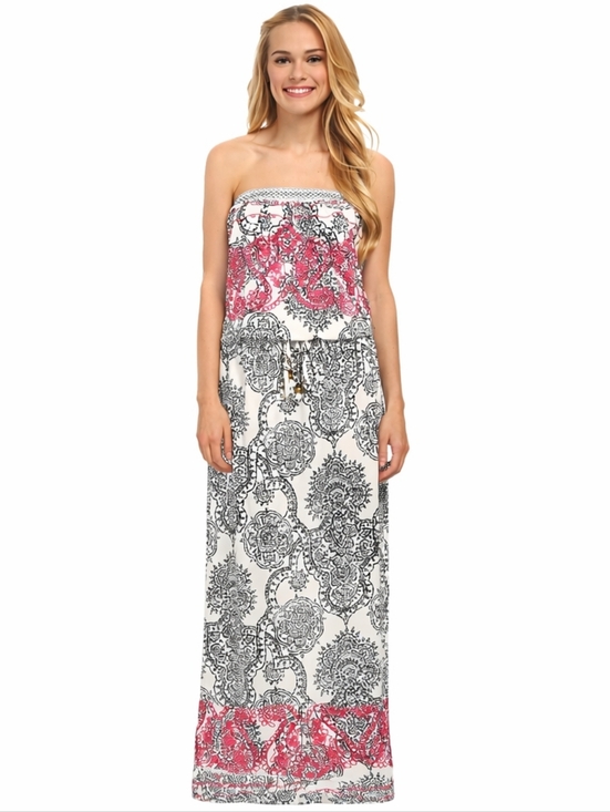 Hale Bob Dresses & Skirts - Hale Bob Strapless Maxi Dress Black White Paisley Pink Embroidered Drawstring S